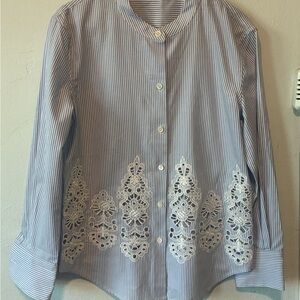 Theory Blue and White Striped Blouse with Lace Detail